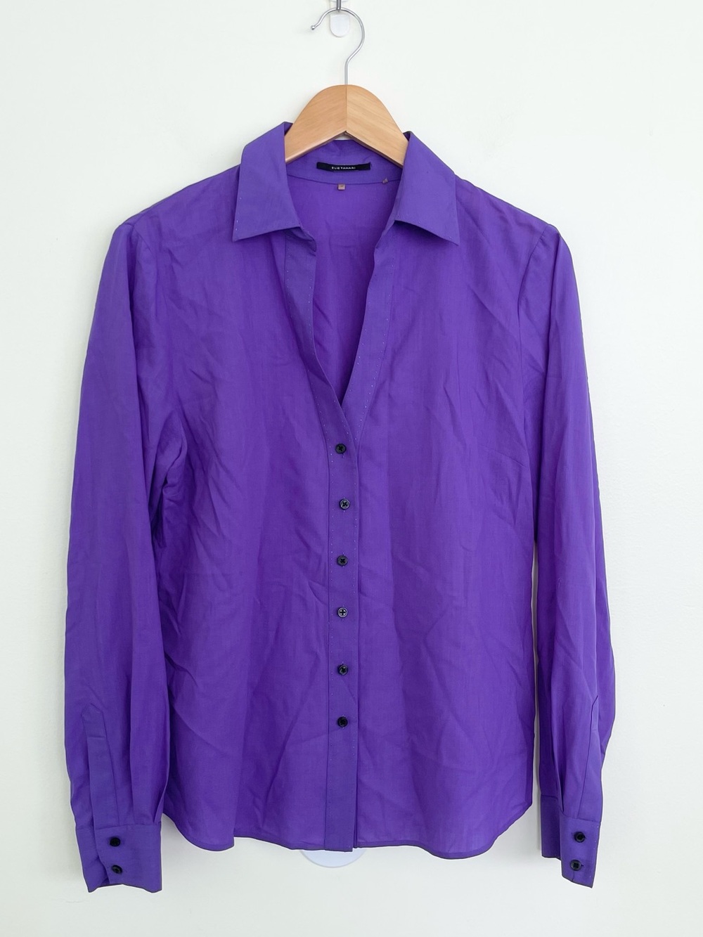 Elie Tahari 100% Wool Purple Vneck Button Up Longsleeve M Medium Quiet Luxury